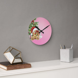 Christmas Bear with Present and Tree Decoration Round Clock