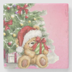 Christmas Bear with Present and Tree Decoration Stone Coaster