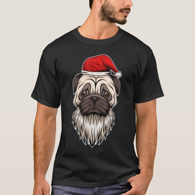 Christmas Beard Pug With Santas Hat T-Shirt (Front)