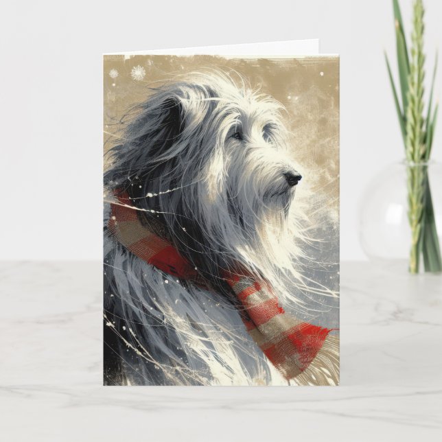 Christmas Bearded Collie In Snowflakes Card (Front)
