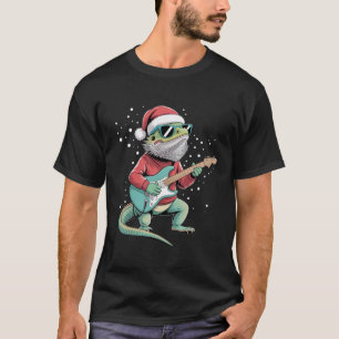 Christmas Bearded Dragon Playing Guitar Musician  T-Shirt
