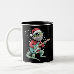 Christmas Bearded Dragon Playing Guitar Musician Two-Tone Coffee Mug