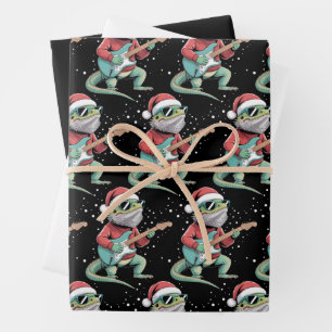 Christmas Bearded Dragon Playing Guitar Musician Wrapping Paper Sheet