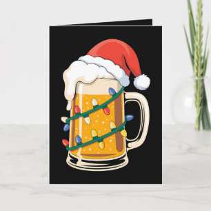 Christmas Beer Mug Santa Hat Lights Holiday Xmas Card