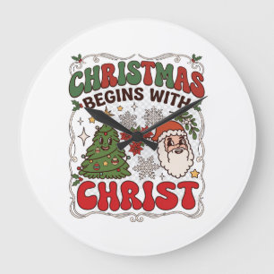 Christmas Begins Christ Santa Claus Tree Snowflake Large Clock