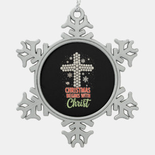 Christmas Begins With Christ Christian Snow Xmas Snowflake Pewter Christmas Ornament