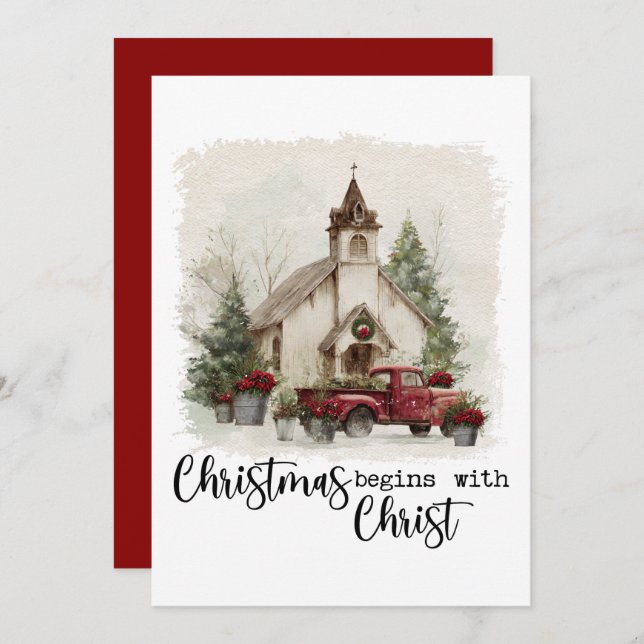 Christmas Begins With Christ Rustic Red Truck Holiday Card (Front/Back)