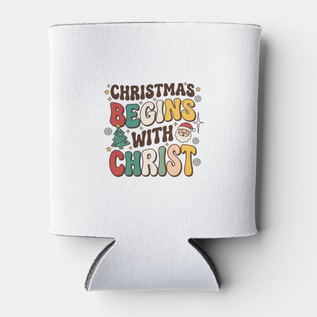 Christmas Begins With Christ Santa Tree Design Can Cooler (Front)