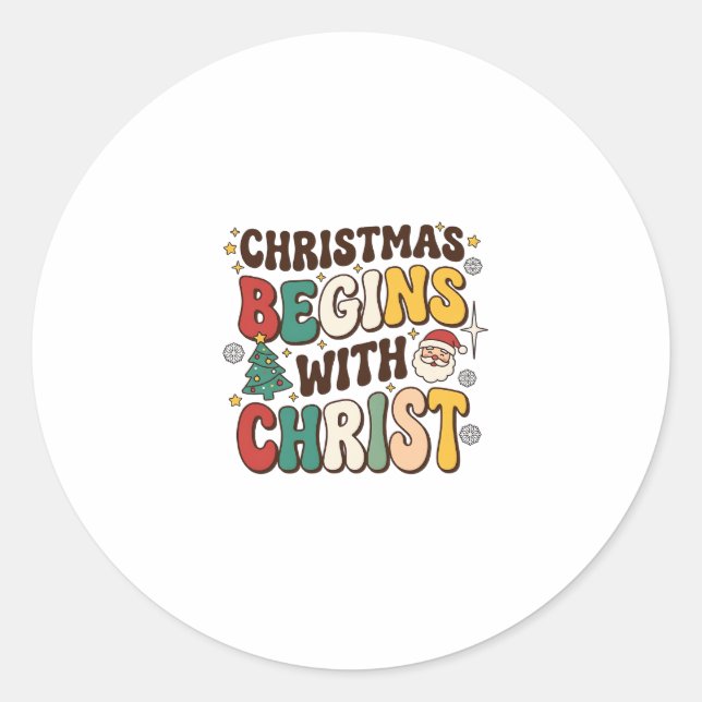 Christmas Begins With Christ Santa Tree Design Classic Round Sticker (Front)