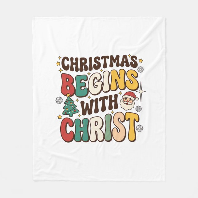 Christmas Begins With Christ Santa Tree Design Fleece Blanket (Front)