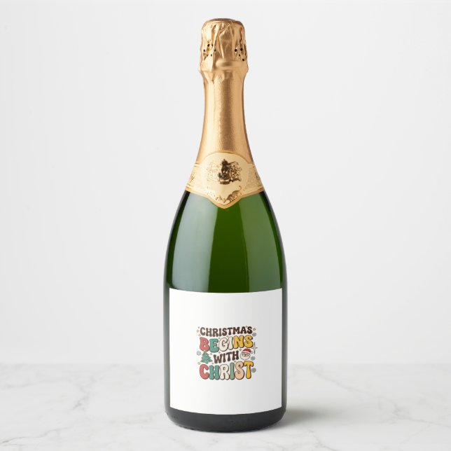 Christmas Begins With Christ Santa Tree Design Sparkling Wine Label (Front)