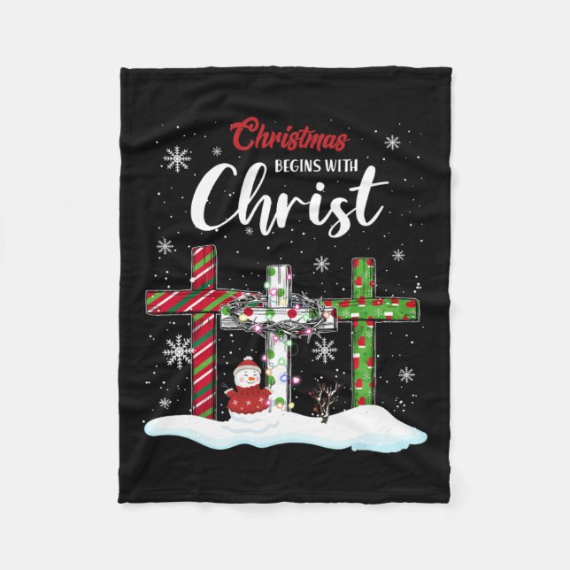 Christmas Begins With Christ Snowman Christian Cro Fleece Blanket (Front)