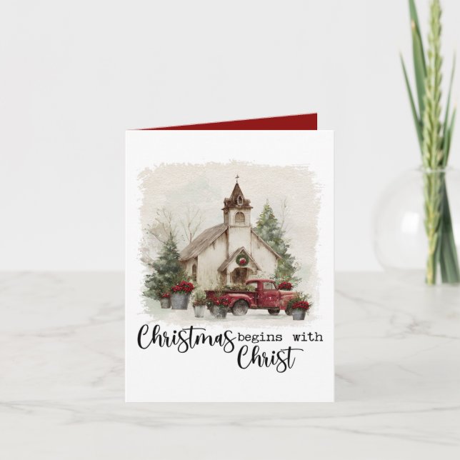 Christmas Begins With Christ Watercolor Red Truck Holiday Card (Front)