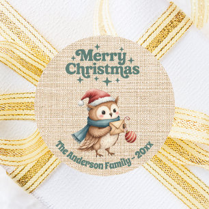 Christmas beige burlap cute owl classic round sticker