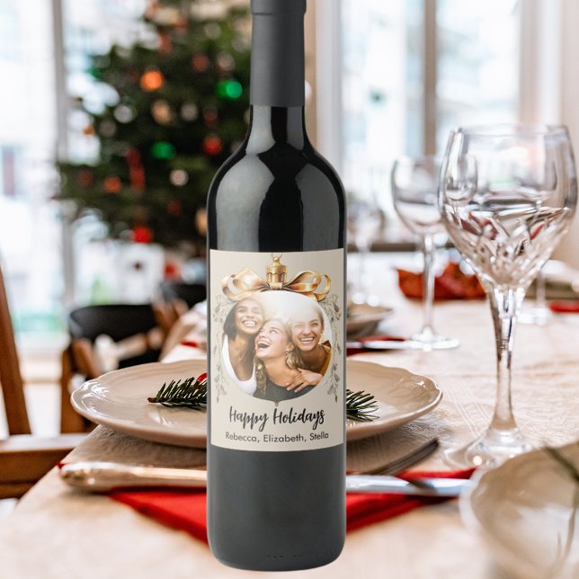 Christmas beige gold bauble friends photo party wine label (Creator Uploaded)