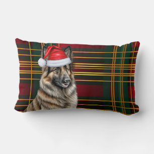 Christmas Belgian Tervuren Dog Holiday Plaid Lumbar Cushion