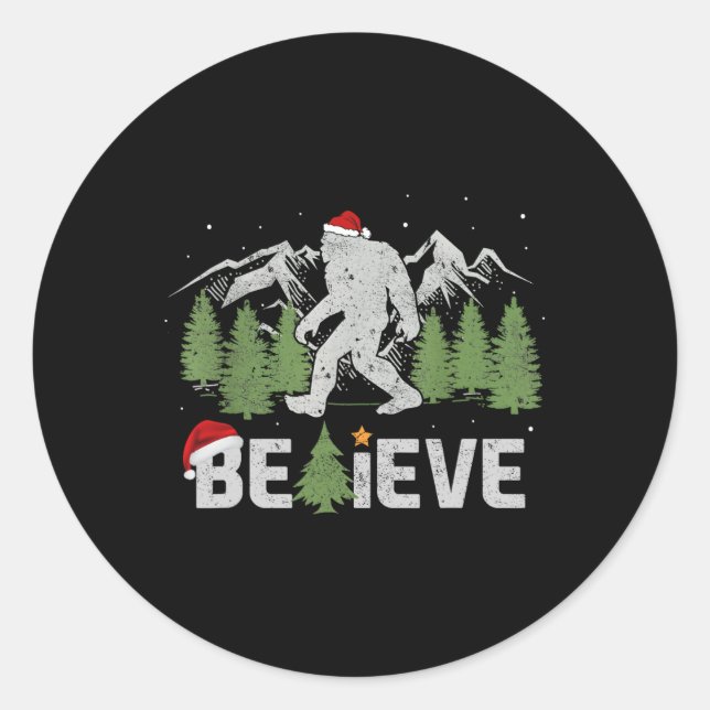 Christmas Believe Bigfoot Funny Xmas Tree For Mens Classic Round Sticker (Front)