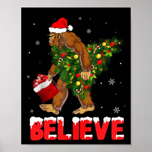 Christmas Believe Bigfoot Funny Xmas Tree For Mens Poster (Front)