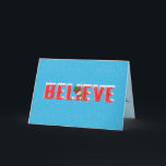 Christmas BELIEVE in snowflakes with snowman Card<br><div class="desc">Bold red BELIEVE text on aqua blue background with snowflakes and snowman for Christmas</div>