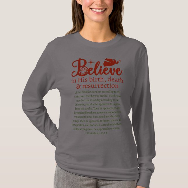 Christmas Believe Jesus Grey Red Green Long Sleeve T-Shirt (Front)