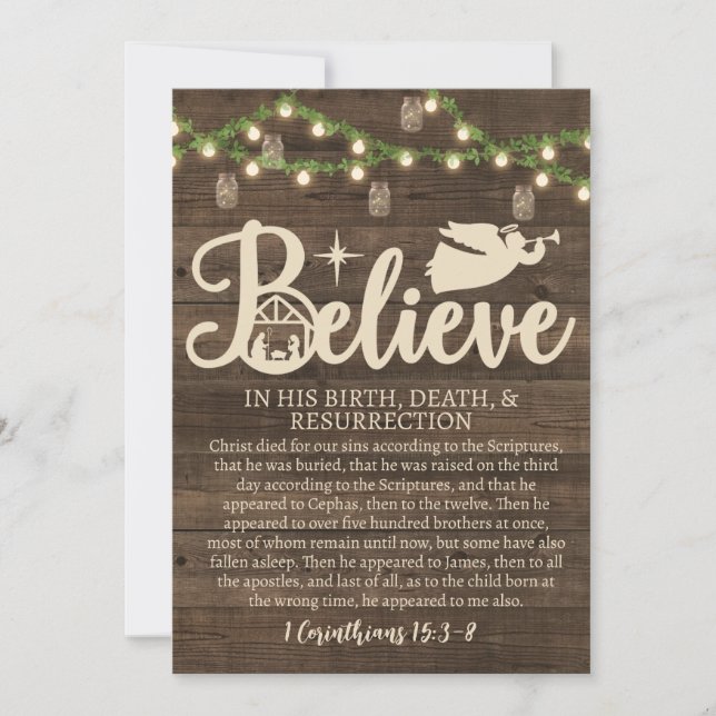 Christmas Believe Jesus Nativity Rustic Wood Holiday Card (Front)