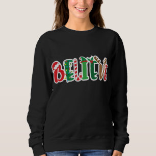 Christmas Believe Lights Santa Hat Candy Cane Elf Sweatshirt