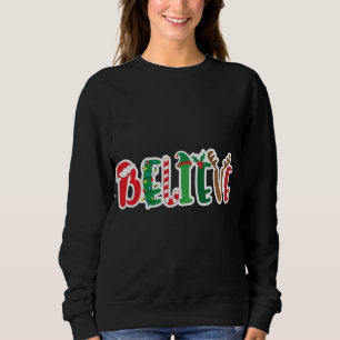 Christmas Believe Lights Santa Hat Candy Cane Elf Sweatshirt