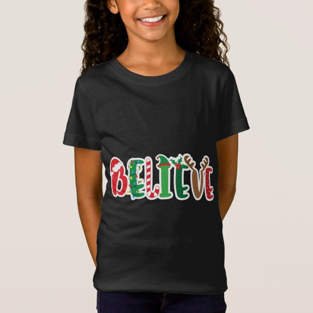 Christmas Believe Lights Santa Hat Candy Cane Elf  T-Shirt (Front)