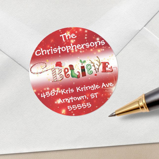 Christmas BELIEVE Nostalgic Return Address Classic Round Sticker (Creator Uploaded)