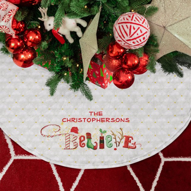 Christmas BELIEVE Personalised Quilted White Brushed Polyester Tree Skirt (Creator Uploaded)