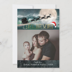 Christmas BELIEVE Reindeer Sleigh Santa Hat Photo Holiday Card