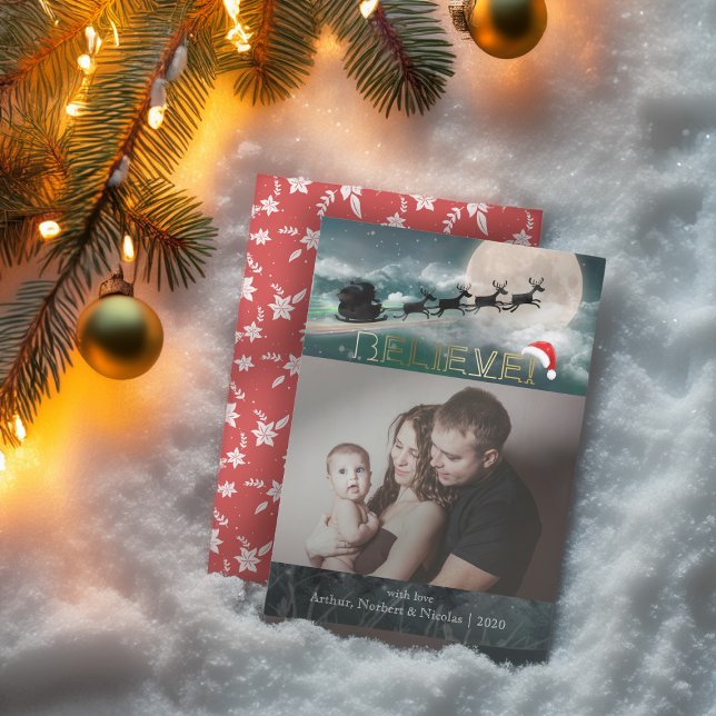 Christmas BELIEVE Reindeer Sleigh Santa Hat Photo Holiday Card (Creator Uploaded)