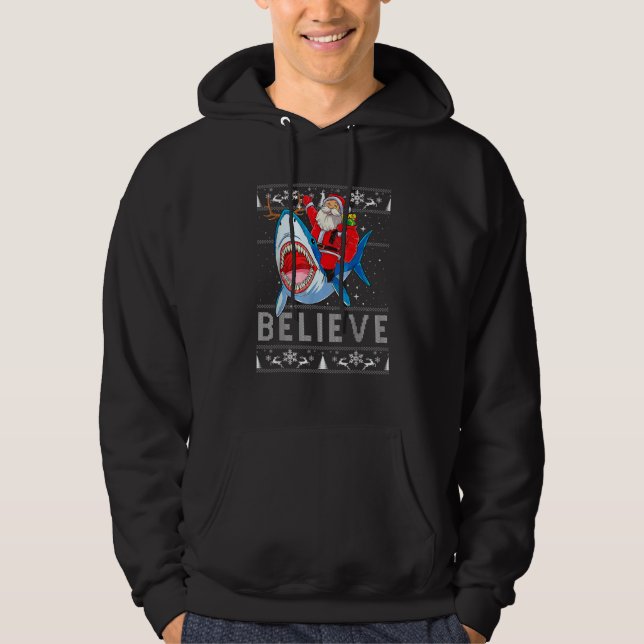 Christmas Believe Santa Claus Riding Shark Xmas UG Hoodie (Front)