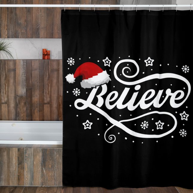 Christmas Believe Santa Claus - Santa Hat Black Shower Curtain (Creator Uploaded)