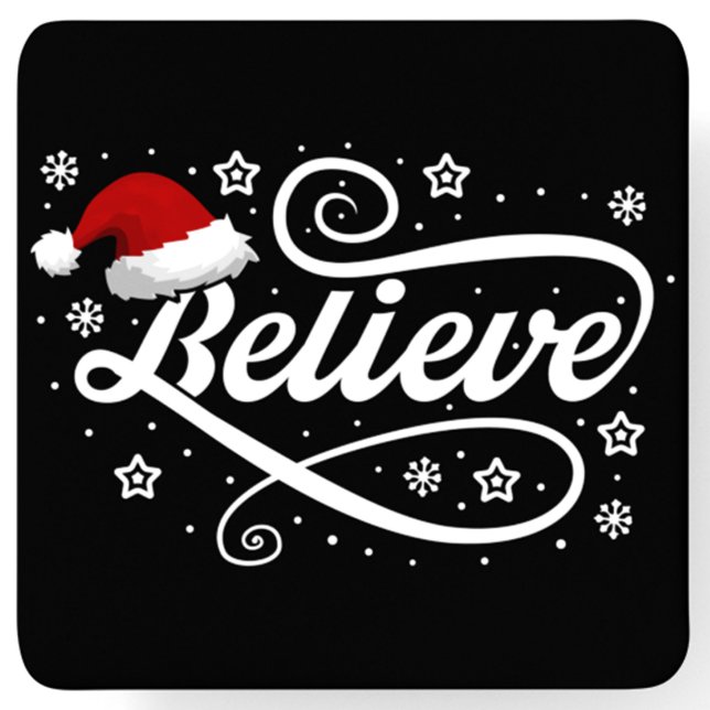 Christmas Believe Santa Claus - Santa Hat Black Square Paper Coaster (Creator Uploaded)