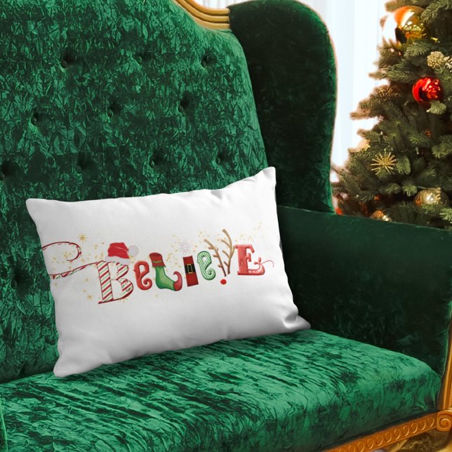 Christmas BELIEVE Typography Nostalgic Icons Lumbar Cushion (Creator Uploaded)