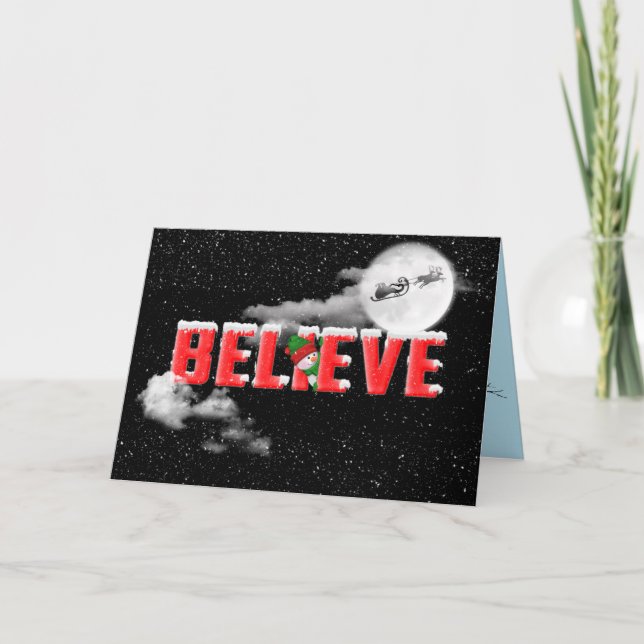 Christmas BELIEVE with Santa and sleigh on moon Card (Front)