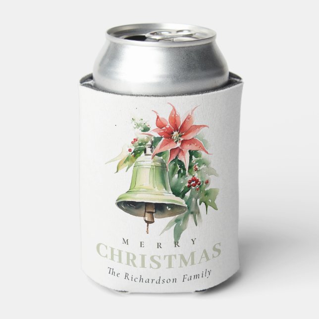 Christmas Bell Pine Poinsettia Foliage Watercolor Can Cooler (Can Front)