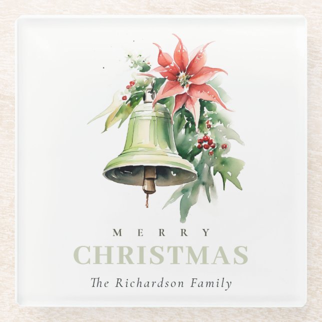 Christmas Bell Pine Poinsettia Foliage Watercolor Glass Coaster (Front)