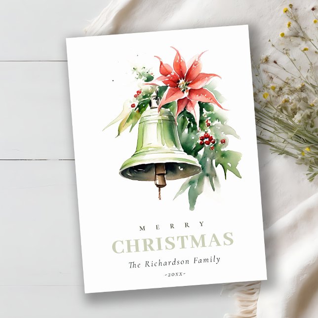 Christmas Bell Pine Poinsettia Foliage Watercolor Holiday Card (Creator Uploaded)