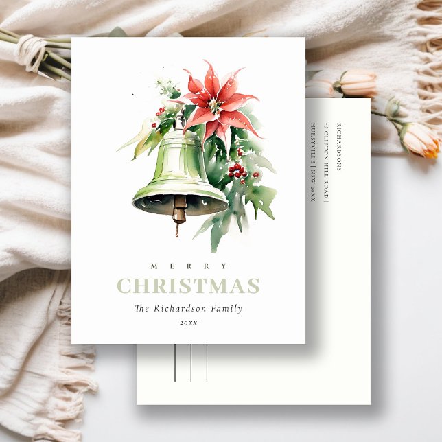 Christmas Bell Pine Poinsettia Foliage Watercolor Holiday Postcard (Creator Uploaded)