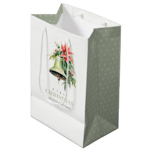 Christmas Bell Pine Poinsettia Foliage Watercolor Medium Gift Bag
