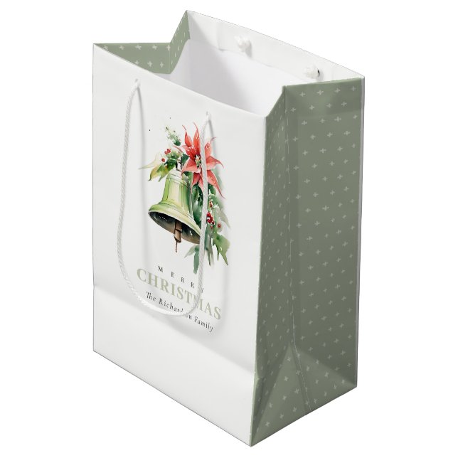 Christmas Bell Pine Poinsettia Foliage Watercolor Medium Gift Bag (Front Angled)