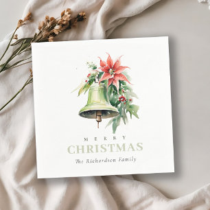 Christmas Bell Pine Poinsettia Foliage Watercolor Napkin