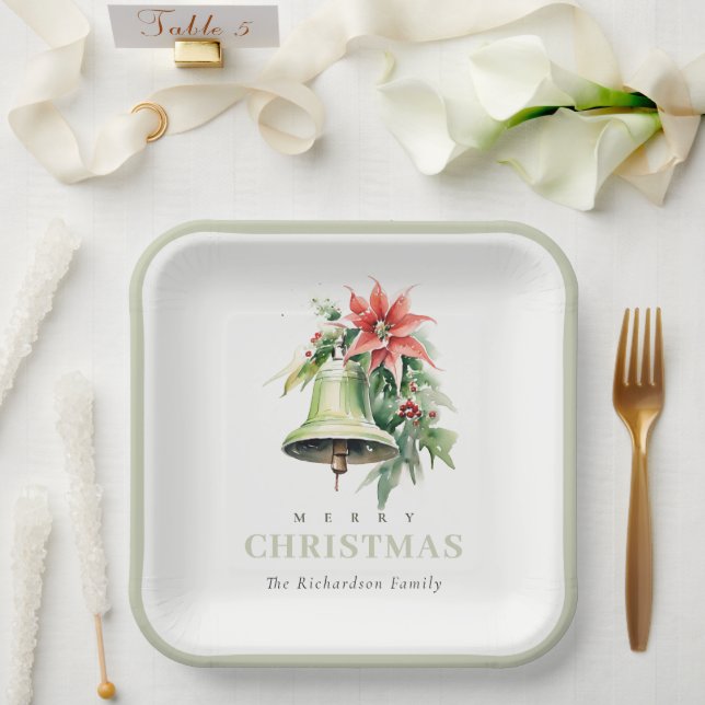 Christmas Bell Pine Poinsettia Foliage Watercolor Paper Plate (Wedding)