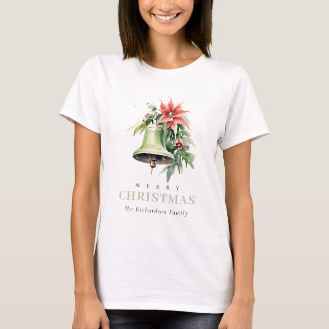 Christmas Bell Pine Poinsettia Foliage Watercolor T-Shirt (Front)