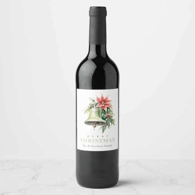 Christmas Bell Pine Poinsettia Foliage Watercolor Wine Label (Front)
