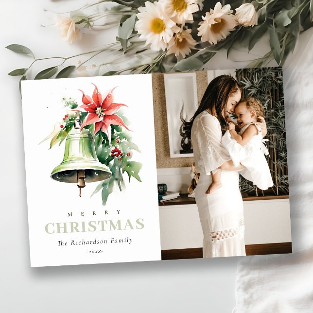 Christmas Bell Pine Poinsettia Watercolor Photo Holiday Card (Creator Uploaded)