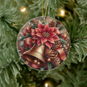 Christmas Bell & Poinsettia Ceramic Tree Decoration