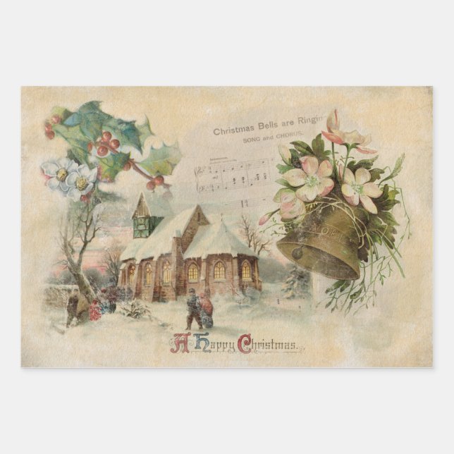 "Christmas Bell" Vintage Wrapping Paper Sheet (Front)